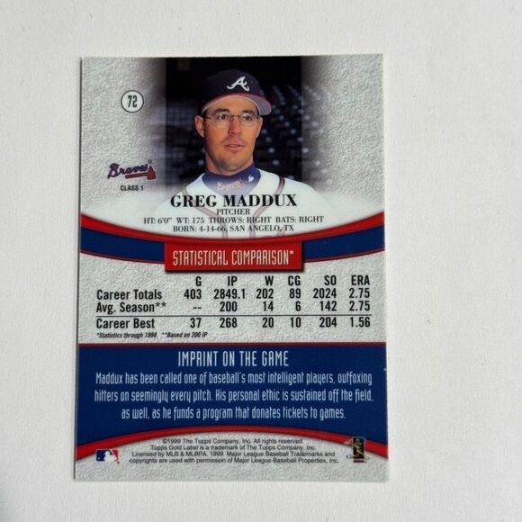 1999 topps gold label class 1 greg maddux #72 mint condition refractor - Picture 2 of 2